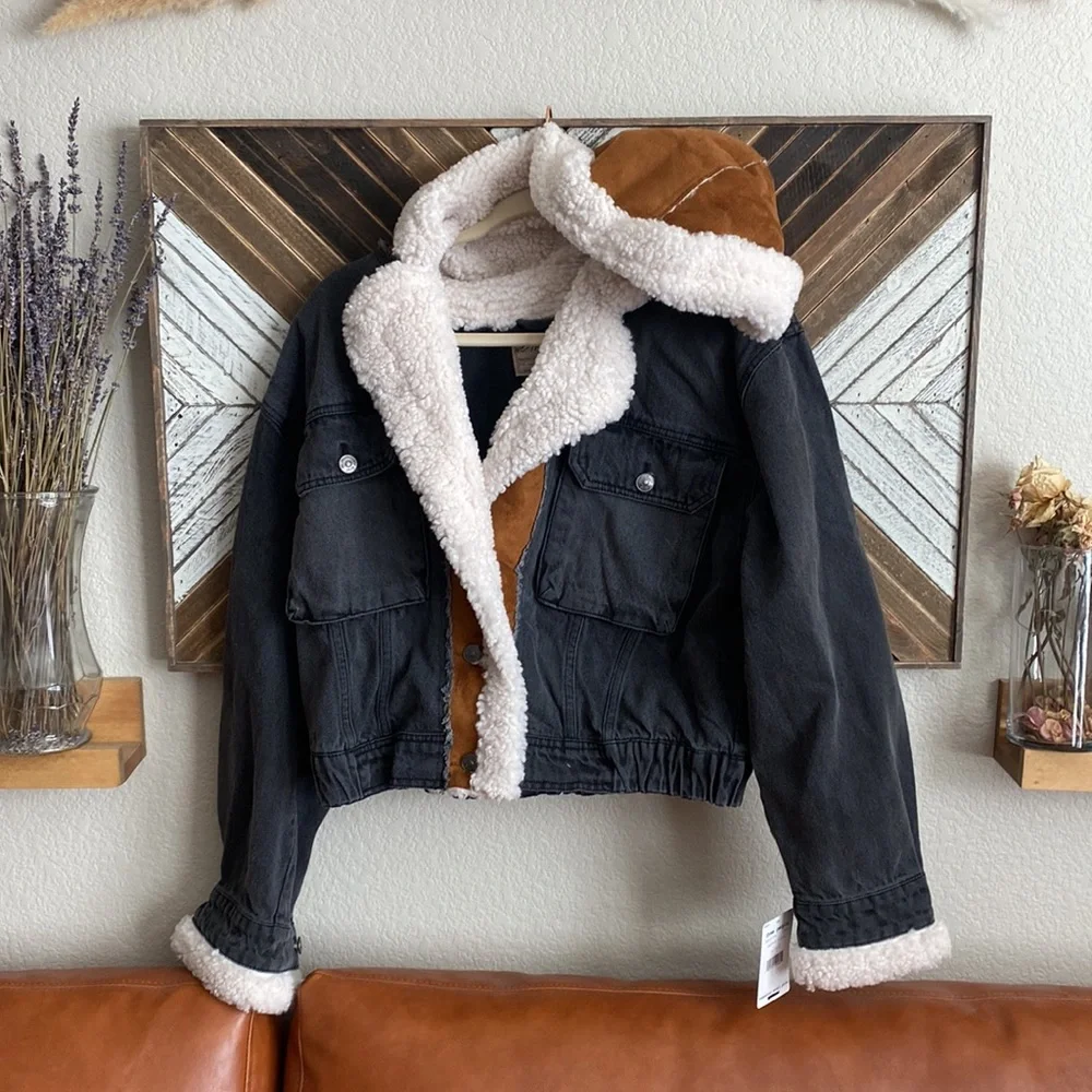 Free people washed black tan and Teddy coat jean  jacket - Picture 3 of 9